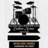 7a-3 Black silhouette drum set memorial sign reading "In Loving Memory Of" with placeholder "Custom Name" and dates 1982-2026 on a white wood background