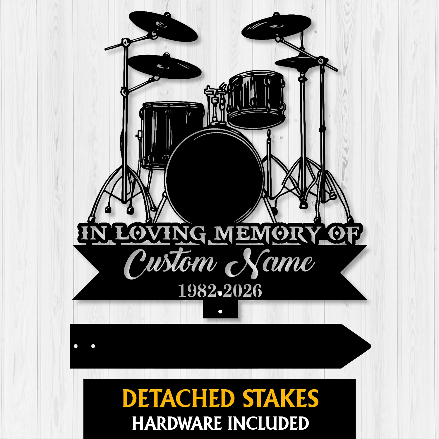 7a-3 Black silhouette drum set memorial sign reading "In Loving Memory Of" with placeholder "Custom Name" and dates 1982-2026 on a white wood background