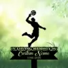 7b-1 Silhouette of a volleyball player jumping to spike above a memorial sign reading "In Loving Memory of Custom Name 1986-2026" against a soft green leafy background