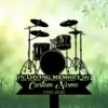 7b-3 Black silhouette of a drum kit memorial sign reading "In Loving Memory of" with placeholder "Custom Name" and dates 1982–2026 on a green grassy, leafy background