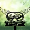 7b-4 Black memorial sign with winged ski goggles showing mountain scene, text "IN LOVING MEMORY OF" and placeholder "Custom Name 1982-2026" on a soft green grassy background