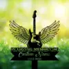 Black silhouette of an electric guitar with angel wings over a grassy background, text banner reading "In Loving Memory" and placeholder "Custom Name 1982-2026"