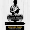 Black silhouette memorial sign of a doctor with stethoscope and clipboard reading "In Loving Memory of Custom Name 1987-2026" on a white wood background