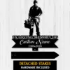 Black silhouette memorial sign of a standing tradesman holding a toolbox with text "In Loving Memory of" and placeholder "Custom Name" and dates "1986-2026" on a light wood background