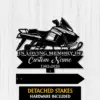 8a-3 Black metal memorial sign with snowmobile silhouette reading "In Loving Memory Of" and placeholder "Custom Name" with years 1982-2026 on a white wood background