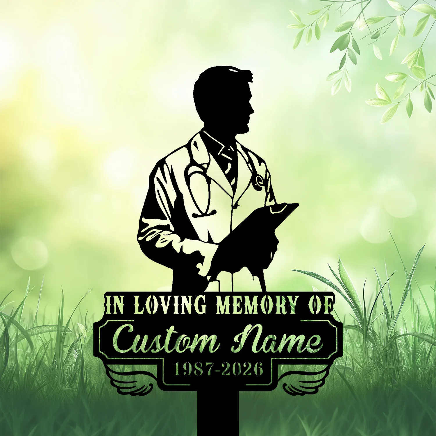 Silhouette of a doctor with stethoscope holding a clipboard above a memorial plaque reading "In Loving Memory of Custom Name 1987-2026" on a grassy, green blurred background