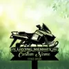 8b-3 Black silhouette memorial yard sign of a snowmobile with text "In Loving Memory of" and customizable name and years against a green grassy bokeh background