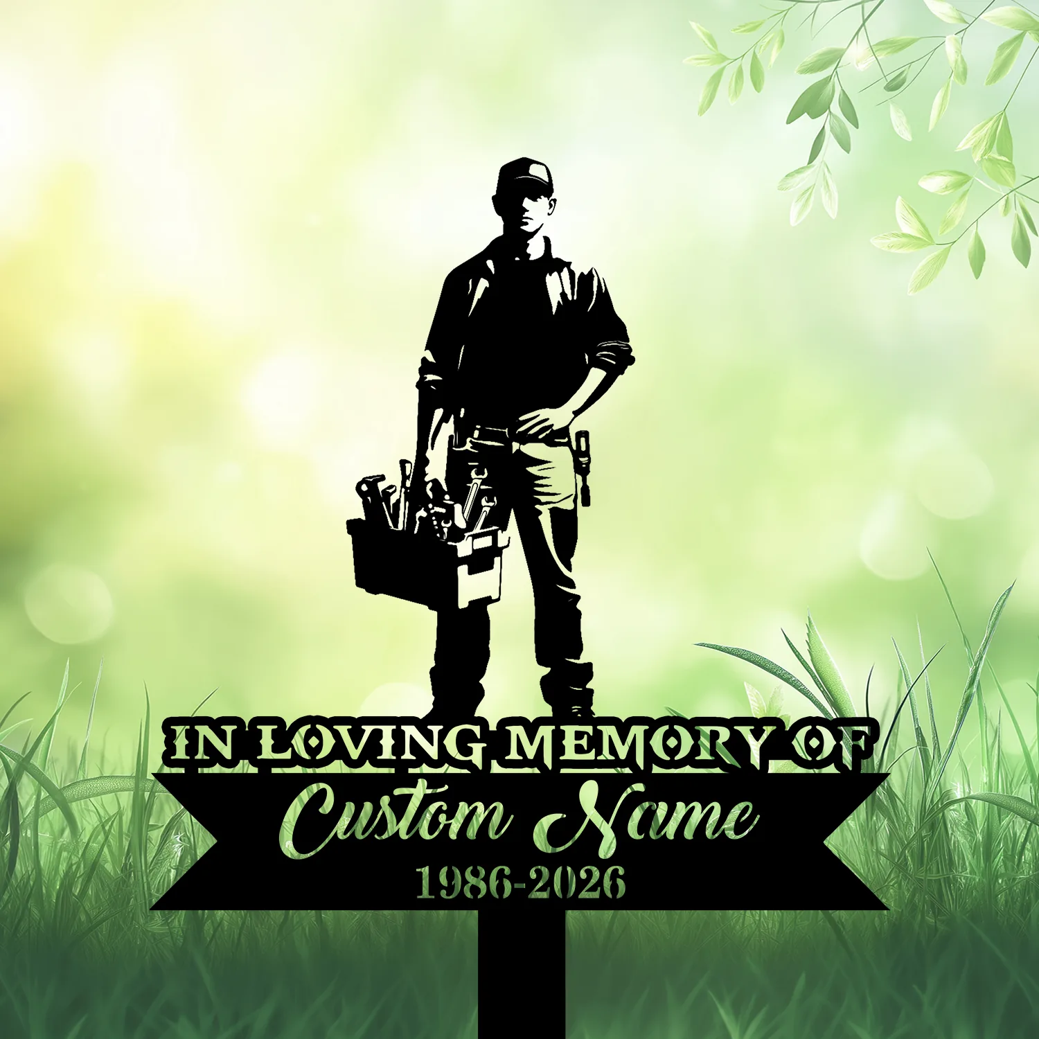 Silhouette of a tradesman holding a toolbox and tools over a green grass background with text reading “In Loving Memory of Custom Name 1986-2026”