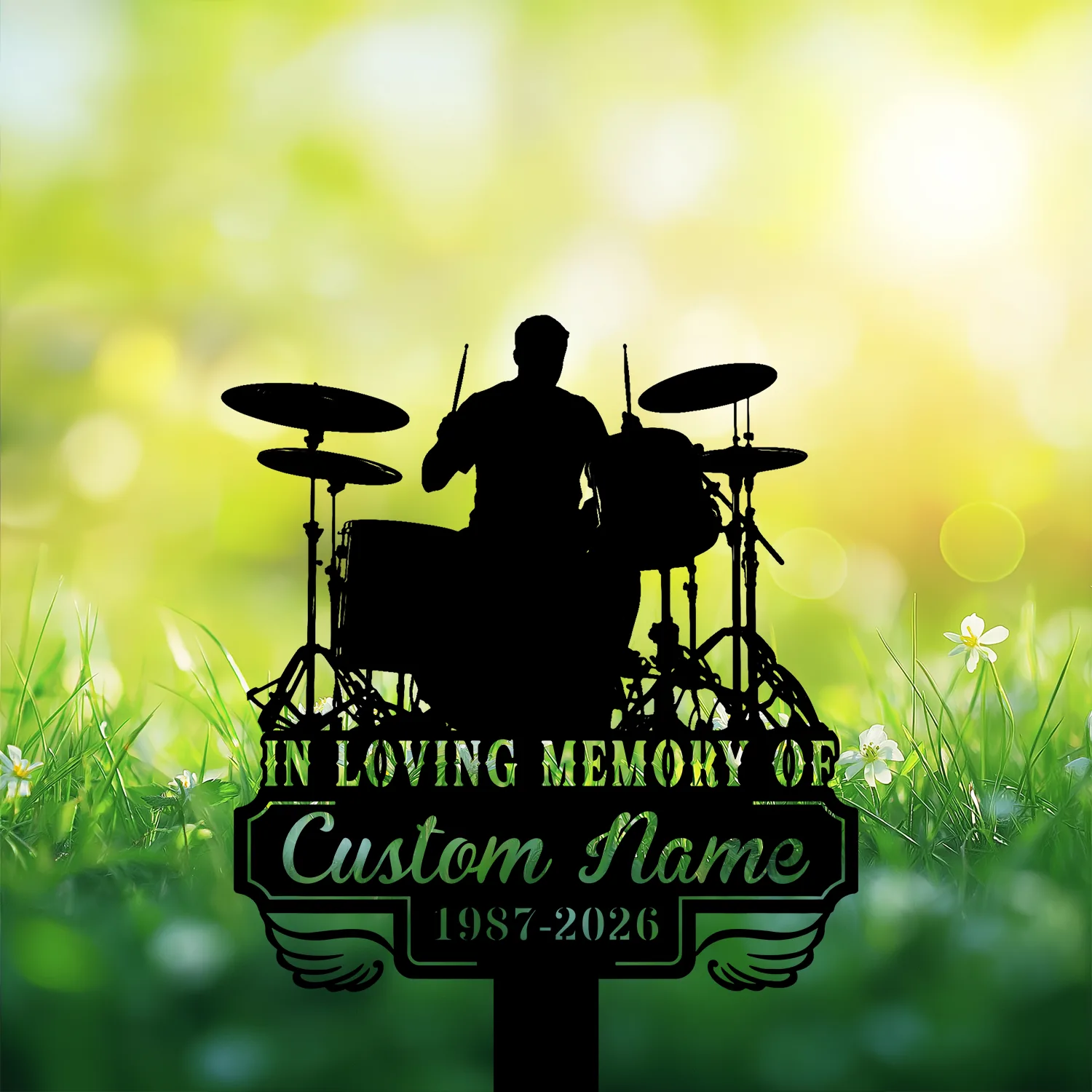 Silhouette of a drummer at a drum kit with memorial text reading "In Loving Memory of Custom Name 1987-2026" over a bright green grassy bokeh background