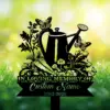 9-2 Black silhouette memorial stake with a watering can, flowers, butterflies and text reading "In Loving Memory" and customizable name and dates against a soft green garden background