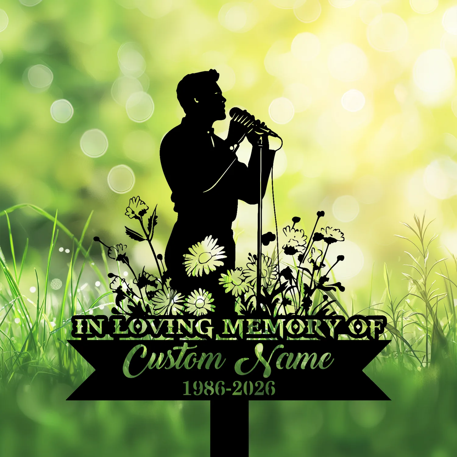 Black silhouette of a singer at a microphone standing among flowers with text reading "IN LOVING MEMORY" and placeholder "Custom Name 1986-2026" on a green bokeh background