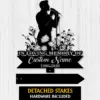 Black silhouette memorial sign showing a singer at a microphone with flowers, text "IN LOVING MEMORY OF Custom Name 1986-2026" on a white wood plank background