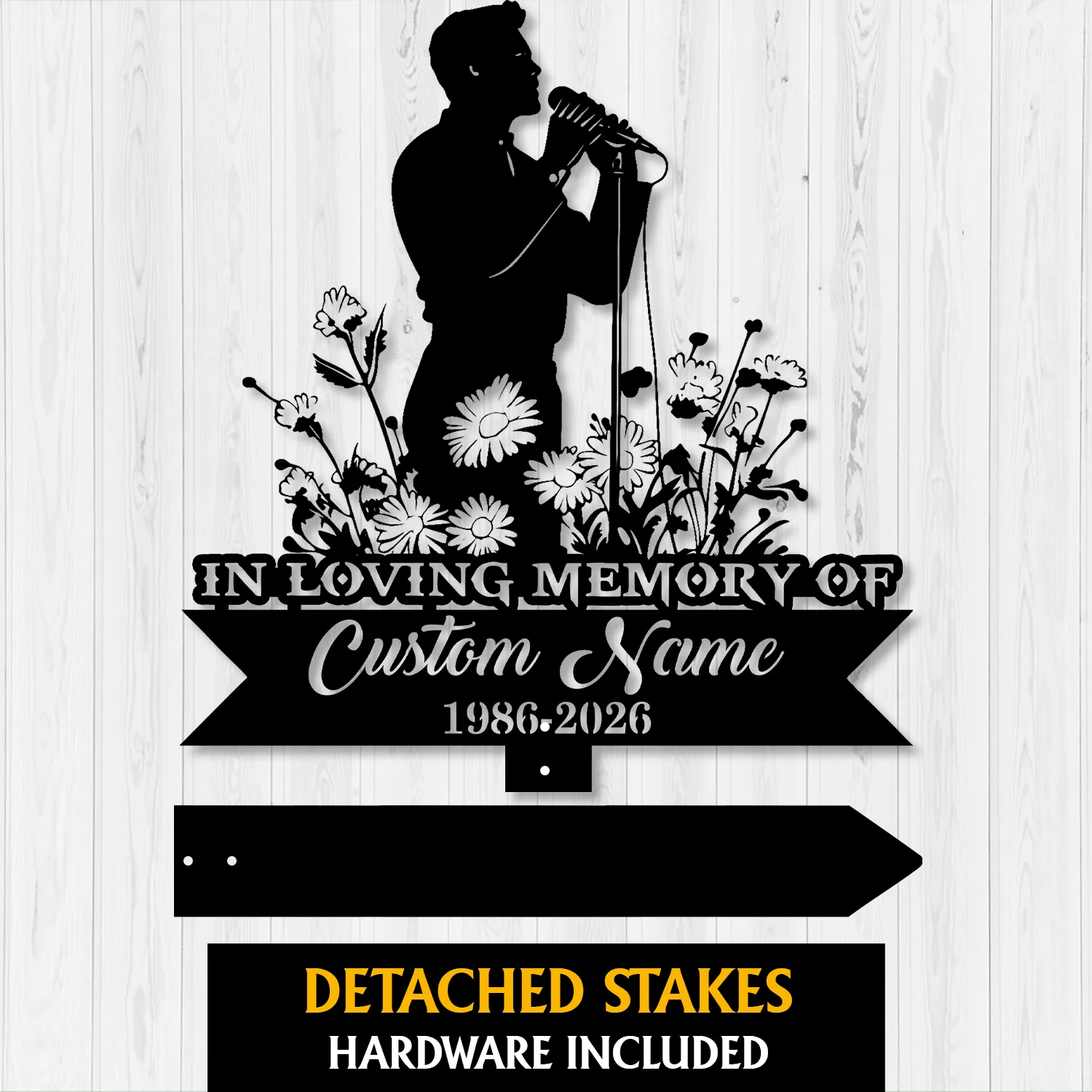 Black silhouette memorial sign showing a singer at a microphone with flowers, text "IN LOVING MEMORY OF Custom Name 1986-2026" on a white wood plank background