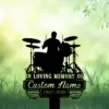 Black silhouette of a drummer and drum kit over green bokeh background with grass, reading "In Loving Memory of Custom Name 1987-2026"