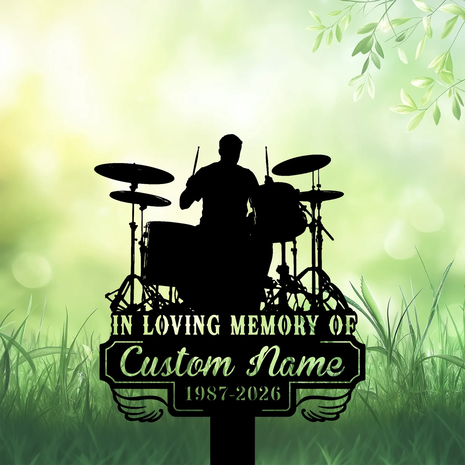 Black silhouette of a drummer and drum kit over green bokeh background with grass, reading "In Loving Memory of Custom Name 1987-2026"