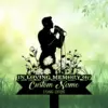 Silhouette of a singer holding a microphone above flowers with text plaque reading "In Loving Memory of Custom Name 1986-2026" on a soft green garden background