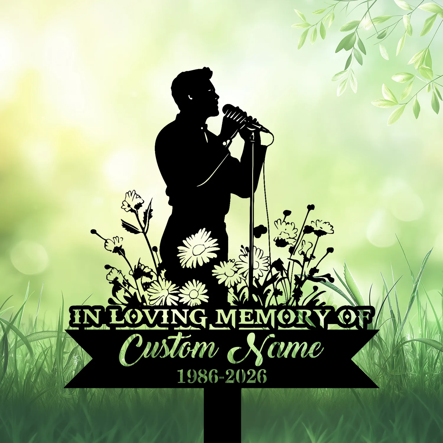 Silhouette of a singer holding a microphone above flowers with text plaque reading "In Loving Memory of Custom Name 1986-2026" on a soft green garden background