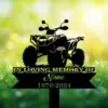 Silhouette of an ATV memorial sign reading "In Loving Memory" with placeholder name and dates 1970-2024 against a sunny green grassy background