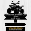 Black memorial sign silhouette of an ATV with text 'IN LOVING MEMORY OF', 'Name' and '1970-2024' on a light wood background, with detached stake pieces shown
