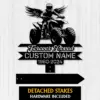 Black metal memorial sign with winged rider on an ATV, text reading "Forever Loved", placeholder "CUSTOM NAME" and dates "1960-2024" on a light wood background