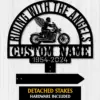Angel-Biker-2 Black metal memorial sign reading "Riding With The Angels" with winged motorcyclist, customizable name and dates "1954-2024" on a white wood background