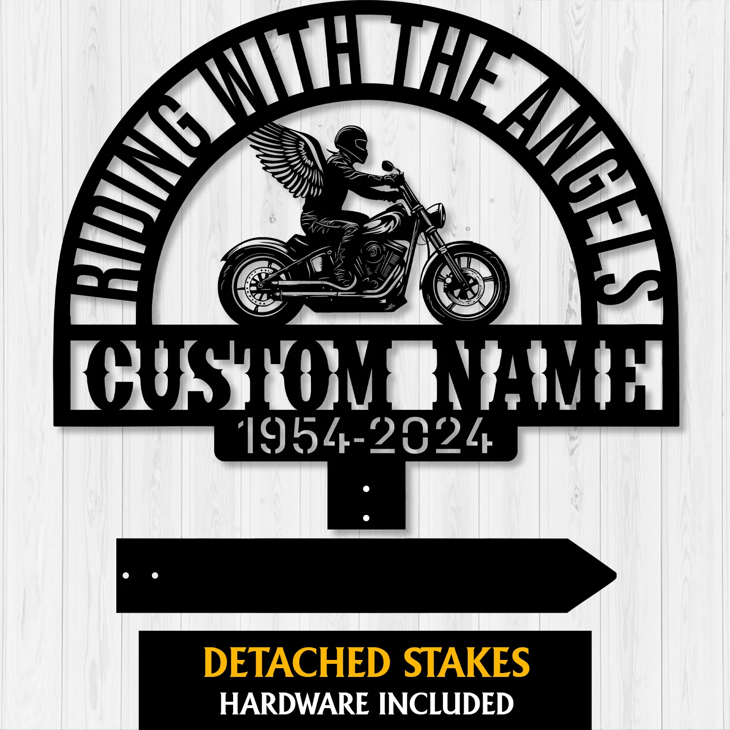 Angel-Biker-2 Black metal memorial sign reading "Riding With The Angels" with winged motorcyclist, customizable name and dates "1954-2024" on a white wood background