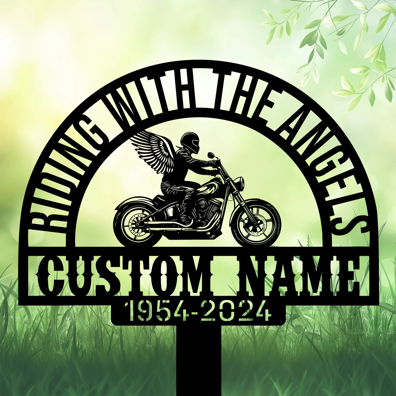 Angel-Biker-3 Black metal memorial sign silhouette of a winged motorcyclist on a cruiser with arched text reading “RIDING WITH THE ANGELS” and placeholder “CUSTOM NAME” over grassy green background, 1954-2024