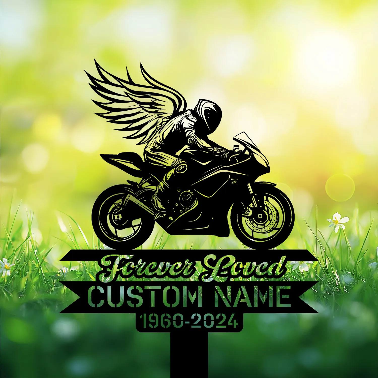 Black silhouette of a winged motorcyclist on a sportbike over grass background with text ribbons reading "Forever Loved", "CUSTOM NAME" and dates "1960-2024"