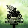 Black silhouette of a winged motorcyclist on a sportbike above banner text reading ‘Forever Loved’ and placeholder ‘CUSTOM NAME 1960-2024’ on a green grassy background