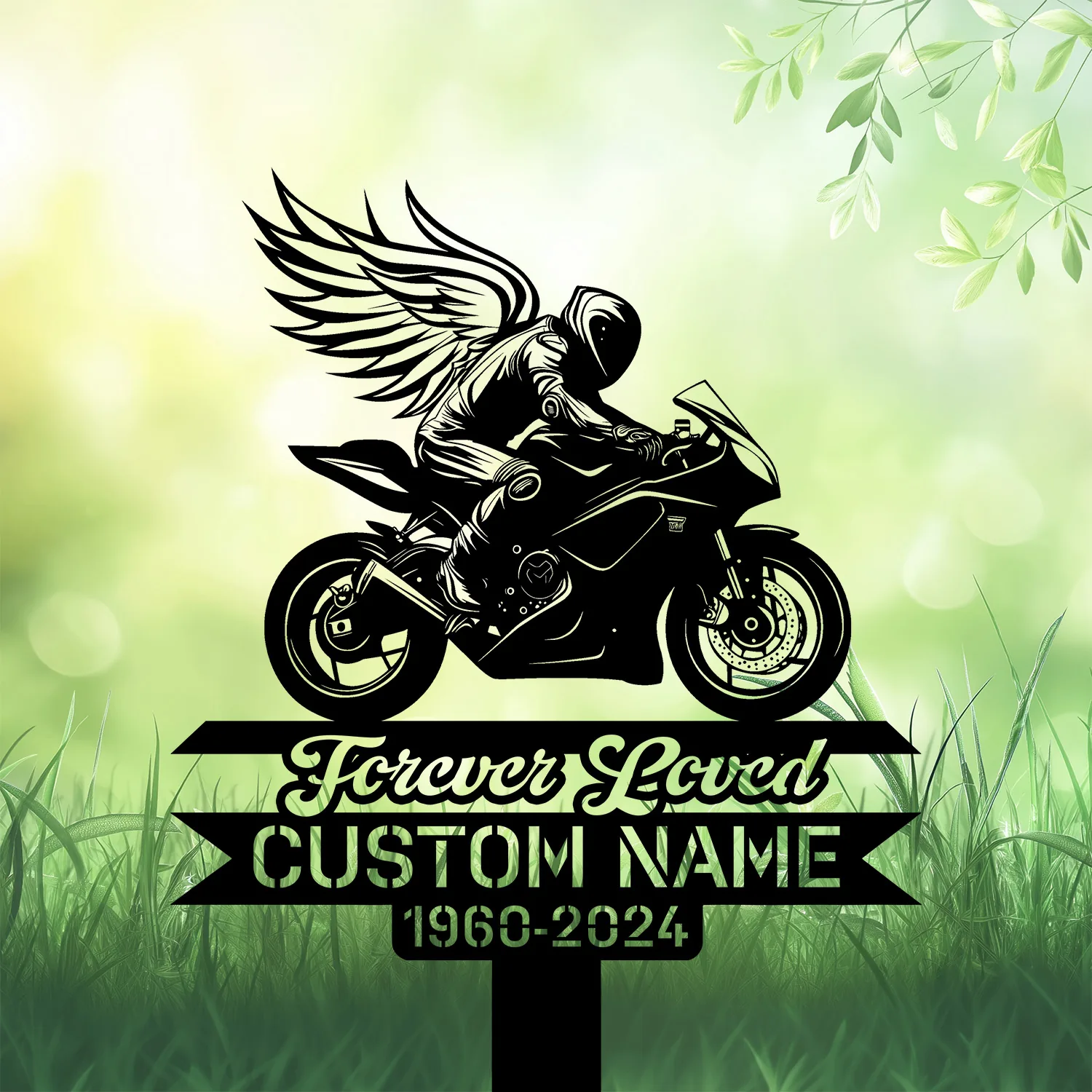 Black silhouette of a winged motorcyclist on a sportbike above banner text reading ‘Forever Loved’ and placeholder ‘CUSTOM NAME 1960-2024’ on a green grassy background