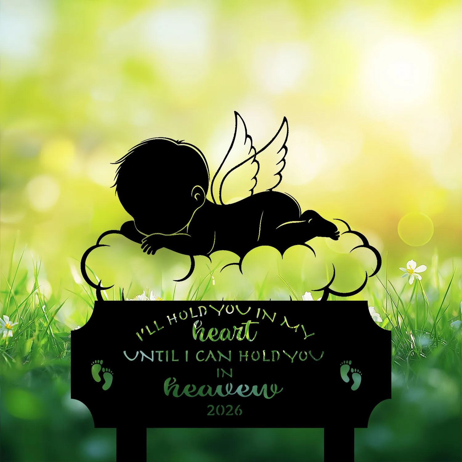 Baby-Loss-1 Black angel baby memorial garden stake with “I'll hold you in my heart…heavenly 2026” in grass