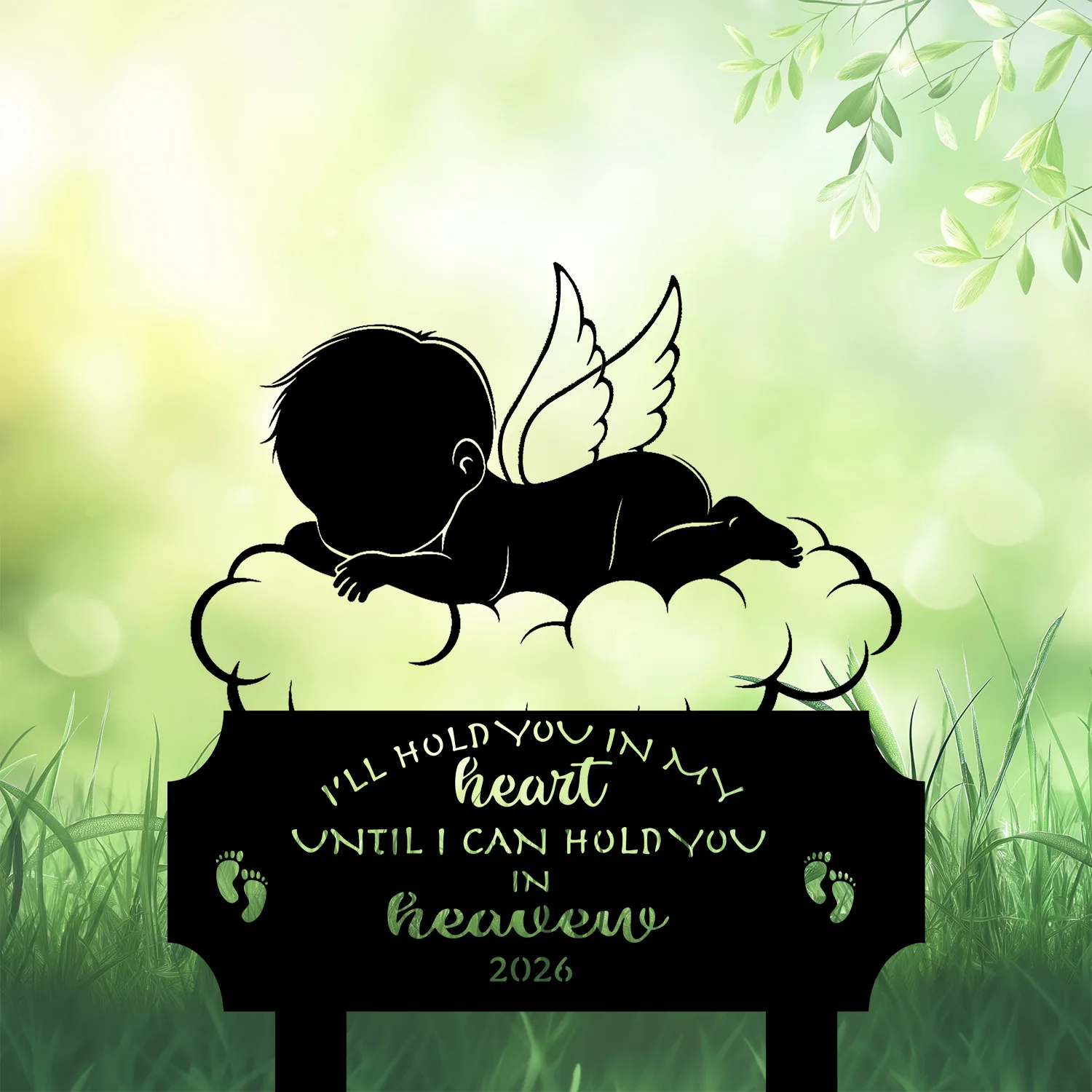 Baby-Loss-2 Angel baby silhouette on cloud memorial garden sign reading “I’ll hold you in my heart...heaven 2026”