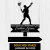 Black badminton player memorial yard sign reading In Loving Memory of Custom Name 1986-2026 with detached stakes.