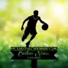 Basketball player memorial garden stake reading “In Loving Memory of Custom Name 1986-2026” in a grassy flower bed