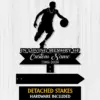 Basketball memorial yard sign with player silhouette, “In Loving Memory of Custom Name 1986-2026,” detached stakes.