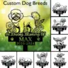 Memorial garden sign mockup with a happy small fluffy dog illustration, text “In Loving Memory Of MAX 2016-2024” and floral pawprint accents on a green bokeh background
