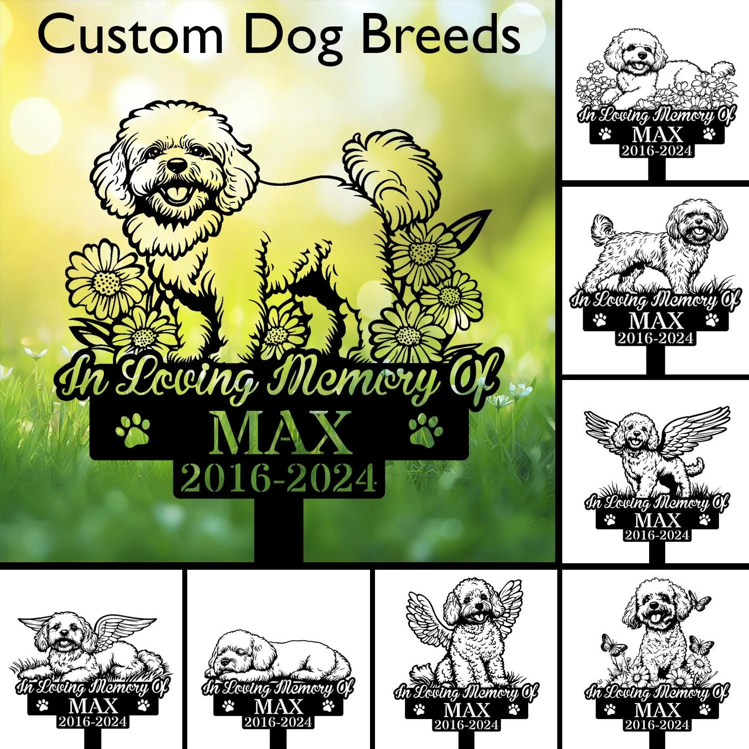 Memorial garden sign mockup with a happy small fluffy dog illustration, text “In Loving Memory Of MAX 2016-2024” and floral pawprint accents on a green bokeh background