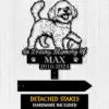 Black silhouette memorial sign of a happy small dog holding a ball with text "In Loving Memory Of MAX 2016-2024" on a light wood background
