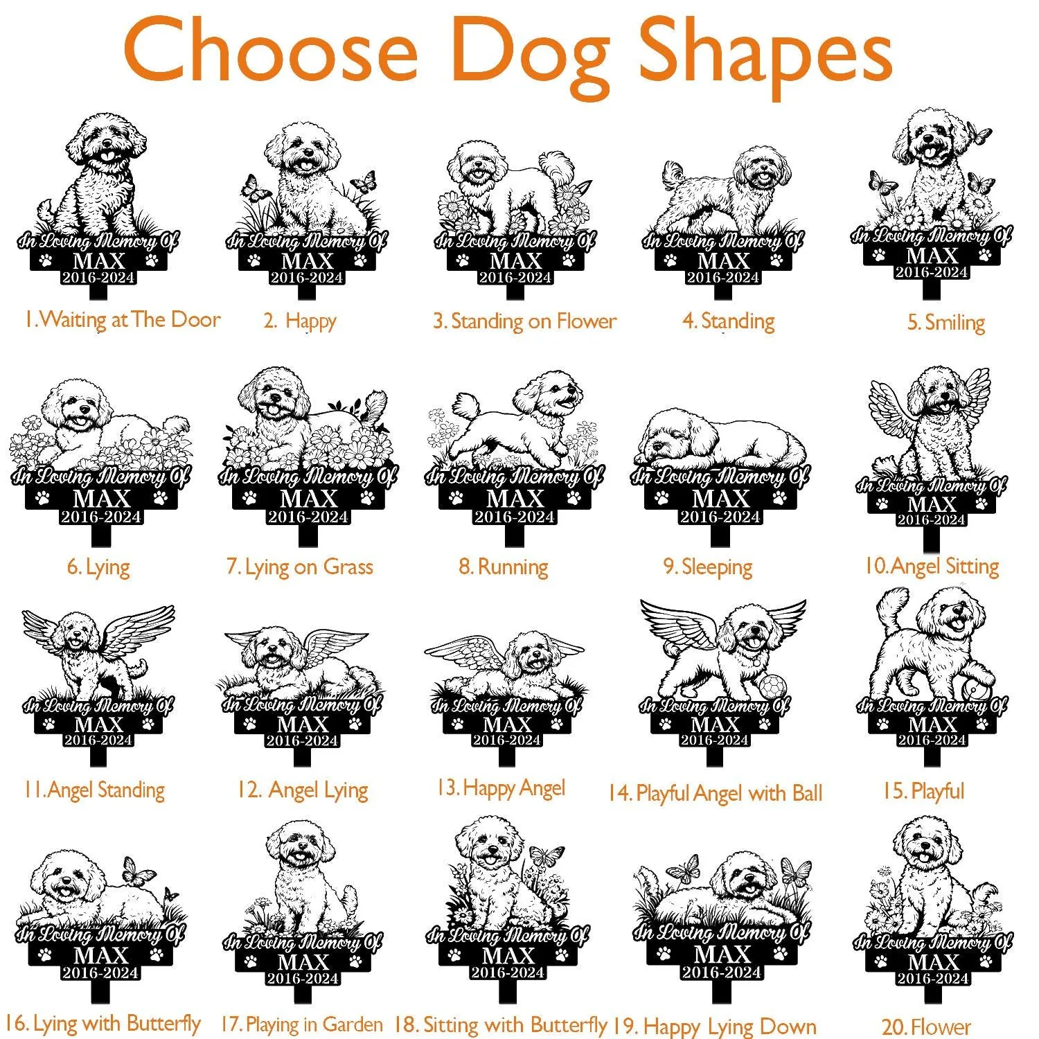 Grid of 20 black-and-white memorial dog silhouette designs titled "Choose Dog Shapes" showing different poses labeled with numbers and "In Loving Memory Of MAX 2016-2024"