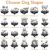 Grid of black-and-white memorial dog silhouette options titled "Choose Dog Shapes" showing numbered designs with captions and sample plaque reading "In Loving Memory Of MAX 2016-2024"