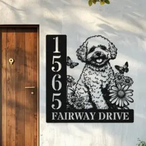 Personalized Bichon Frise Sitting with Butterfly Address Sign