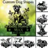 Boxer-1-1 Memorial garden sign design showing a sitting dog surrounded by flowers and butterflies with text "In Loving Memory Of MAX 2016-2024" on a grassy bokeh background