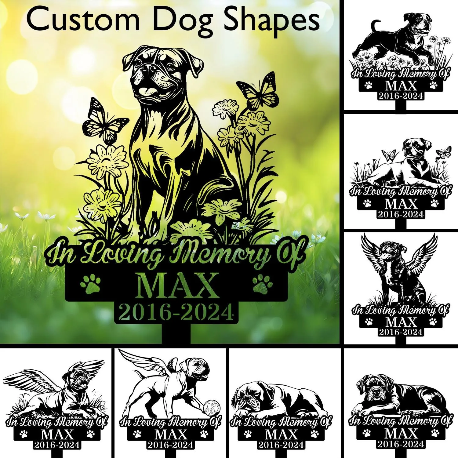 Boxer-1-1 Memorial garden sign design showing a sitting dog surrounded by flowers and butterflies with text "In Loving Memory Of MAX 2016-2024" on a grassy bokeh background