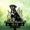 Boxer-2-1 Black silhouette memorial sign of a sitting dog with text "In Loving Memory Of" and name "MAX" above dates 2016-2024 on a green grassy background