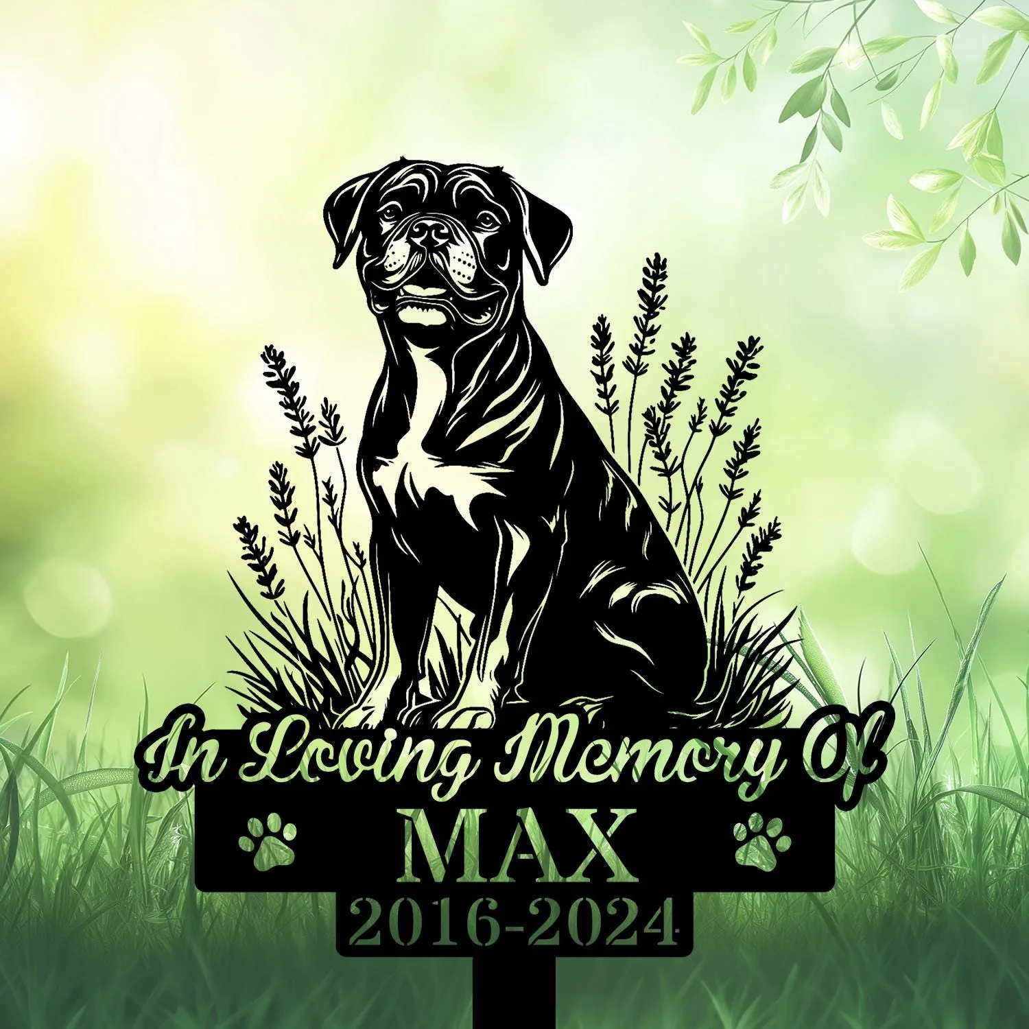 Boxer-2-1 Black silhouette memorial sign of a sitting dog with text "In Loving Memory Of" and name "MAX" above dates 2016-2024 on a green grassy background