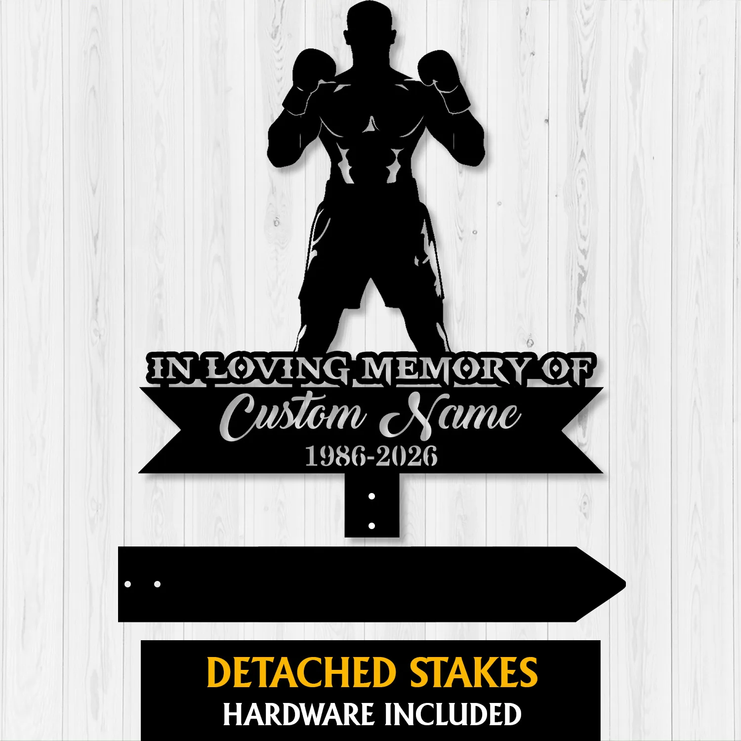 Boxer-2 Black boxer memorial yard stake with "In Loving Memory Of Custom Name 1986-2026" on white wood, detached stakes shown