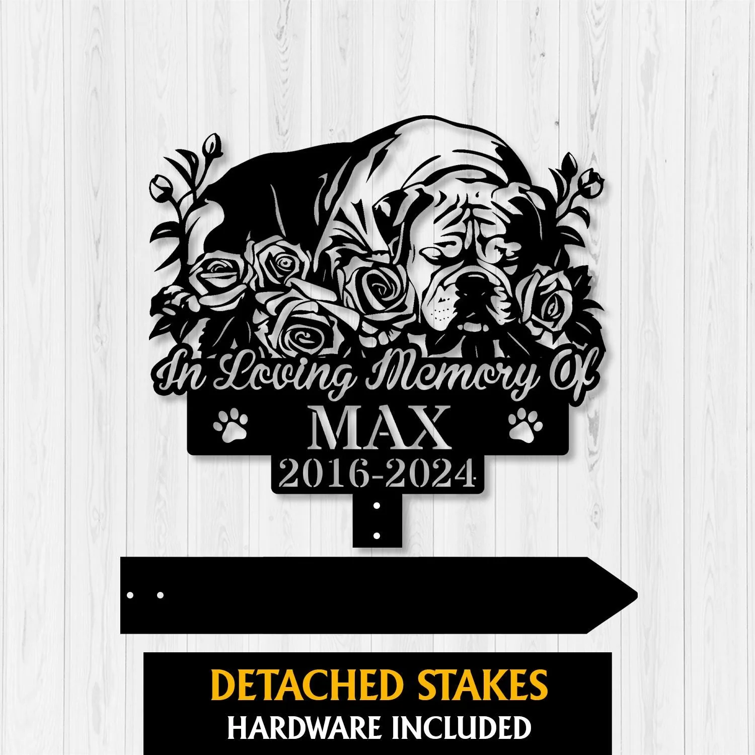 Boxer-3-1 Black metal memorial sign showing a sleeping bulldog surrounded by roses with text "In Loving Memory Of MAX 2016-2024" and paw prints on a light wood background