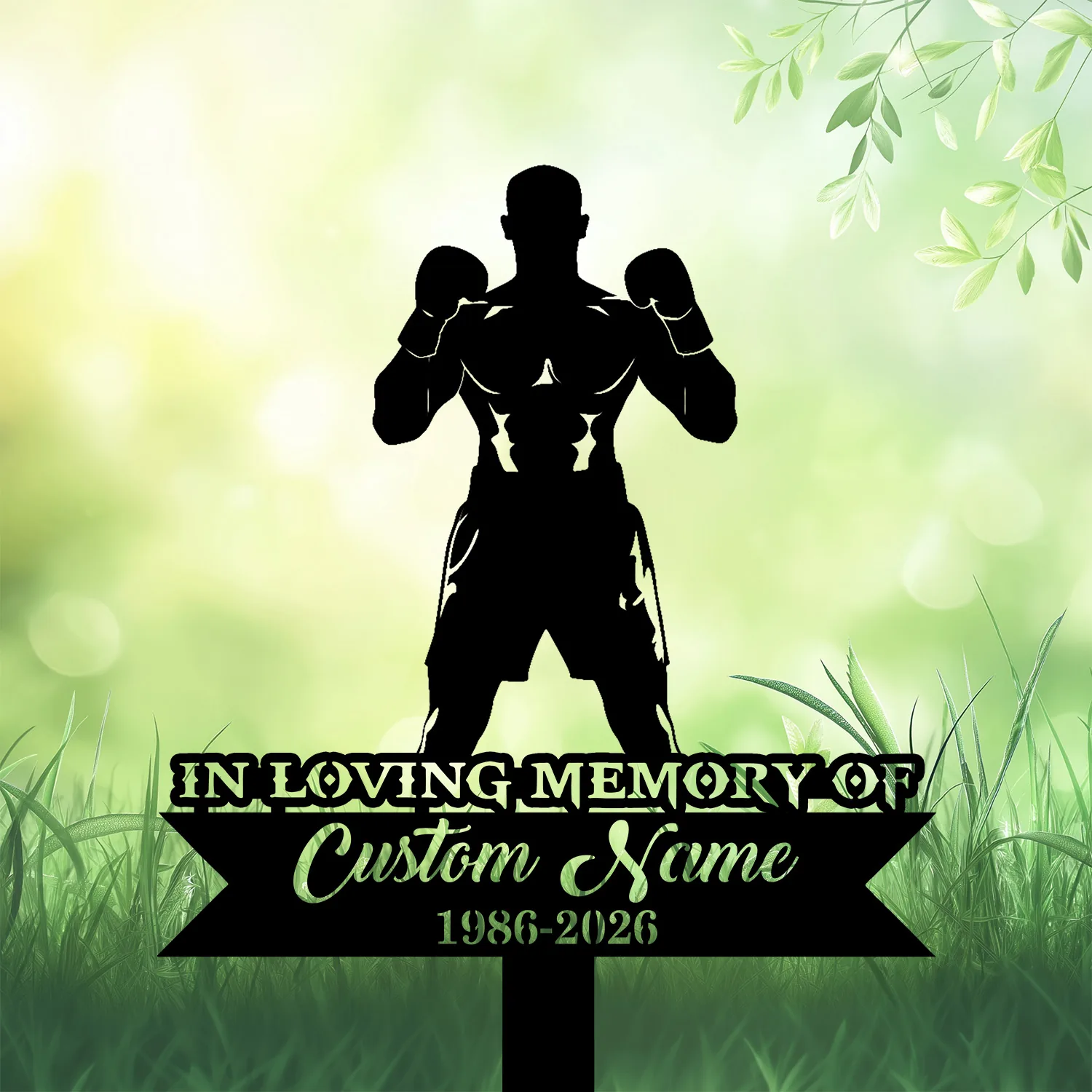 Boxer-3 Boxer silhouette memorial garden stake reading “In Loving Memory of Custom Name 1986-2026” in green grass