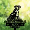 Boxer-4 Black silhouette memorial sign of a seated dog in grass with text "In Loving Memory of MAX 2016-2024" on a green bokeh background