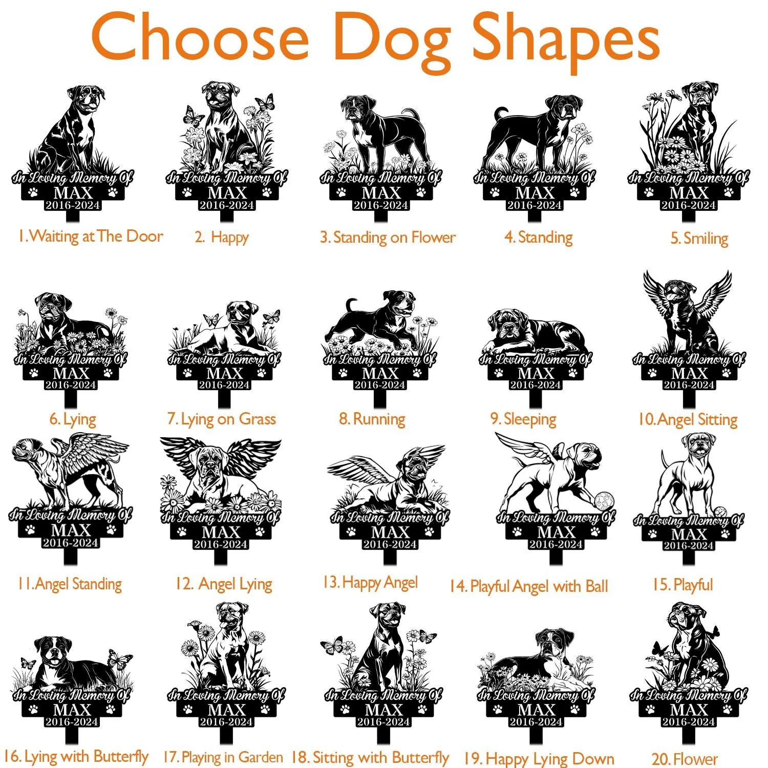 Boxer-5 Sheet of black silhouette dog memorial sign designs titled "Choose Dog Shapes" showing 20 numbered poses with sample plaque text "In Loving Memory Of MAX 2016-2024" and floral/angel/butterfly decorations